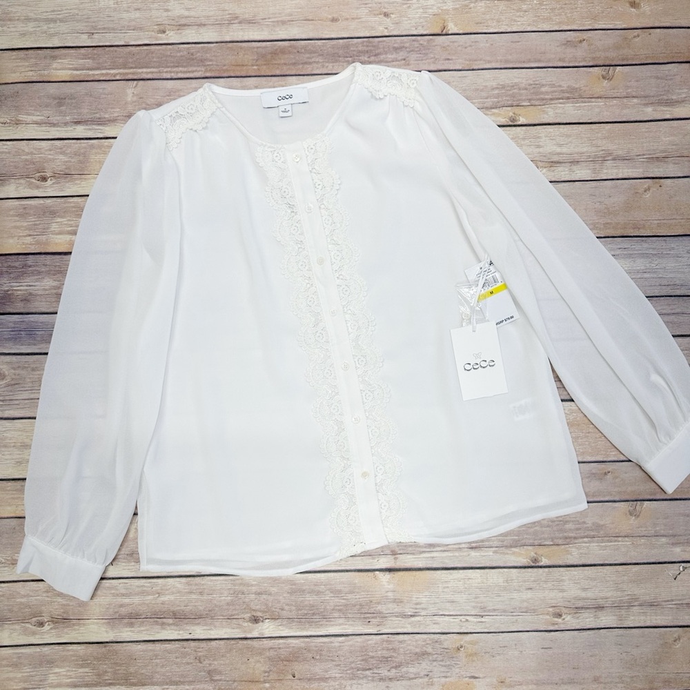CeCe Long Sleeve Crew Neck Button-Up Crochet Detail Blouse New Ivory Size M